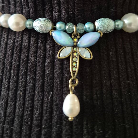 Handcrafted Beaded Hat Band • Dragonfly Charm • Blue & Pearl Western Boho Band - Picture 1 of 4